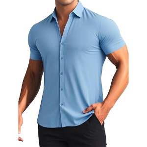 INSPIRE CHIC Men's Button Down Short Sleeve Solid Color Business Dress Shirts - 1 of 4