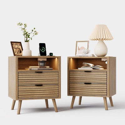 WOWLIVE Nightstand for Bedroom with LED Lights & Charging Station, Bedside Table with 2 Drawers and an Open Shelf