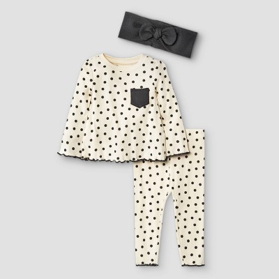 Baby Girls' 3pc Polka Dot Rib Top & Bottom Set with Headband - Cat & Jack™ White 18M