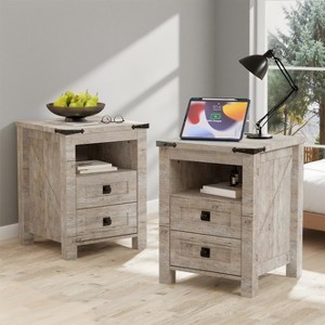 Nightstand Set of 2, Farmhouse End Table with Charging Station & 2 Drawers, 18″ Wood Bedside Table for Bedroom/Living Room/Hallway - 1 of 4