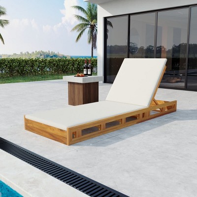 Outdoor Adjustable Wood Chaise Lounge Chair, Reclining Acacia Frame with Cushion, for Pool, Patio, Garden or Deck-The Pop Home
