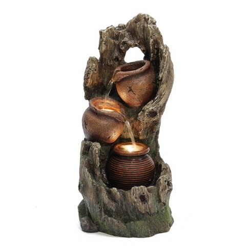 Luxenhome Old Tree With Pots Resin Outdoor Water Fountain With Lights 