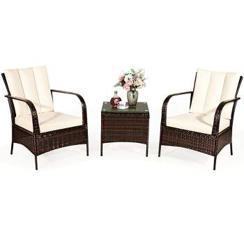 Costway 3 PCS Patio Rattan Furniture Set Coffee Table & 2 Rattan Chair W/White Cushions