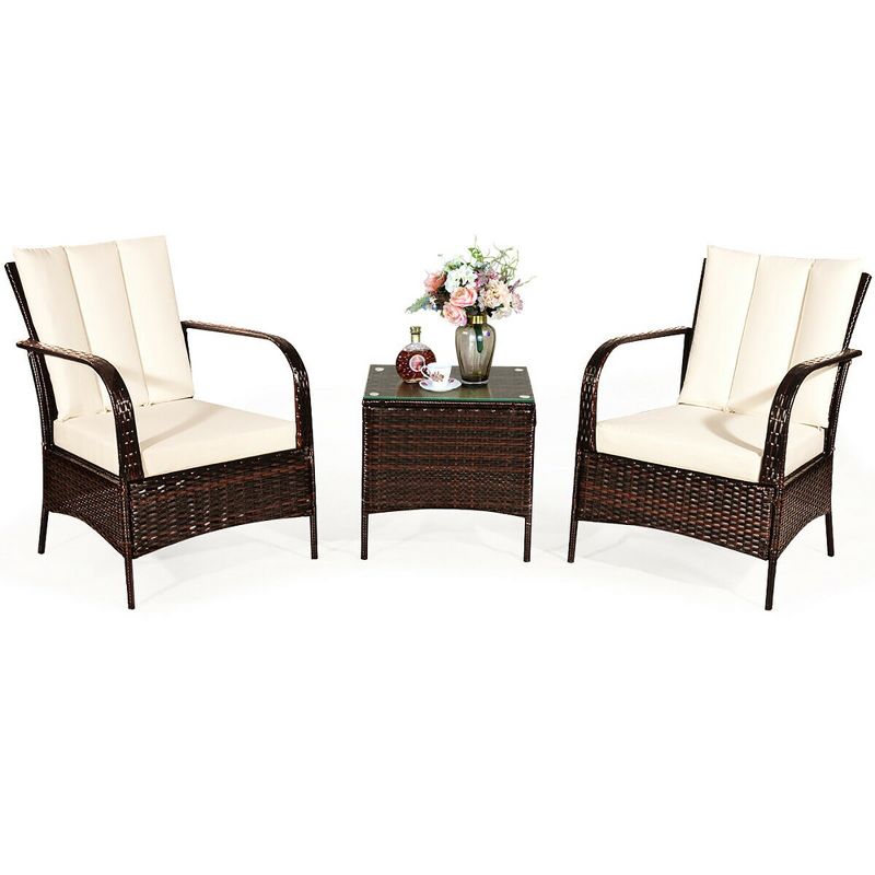 Costway 3 PCS Patio Rattan Furniture Set Coffee Table & 2 Rattan Chair W/White Cushions, 1 of 11