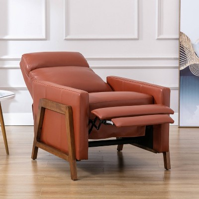 Modern Caramel Leather and Wood Push Back Recliner