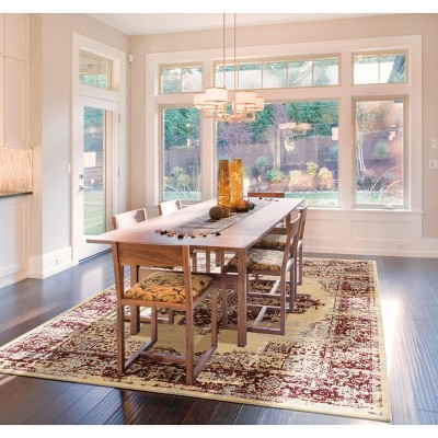 Traditional Cream and Red Medallion Synthetic Area Rug, 7' x 10'