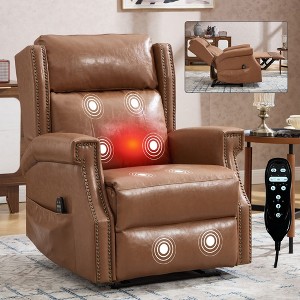 Beige Manual Recliner Chair in Faux Leather for Living Room with Heavy Duty Motion Mechanism 8 Vibrating Nodes and 3 Massage Modes - 1 of 4