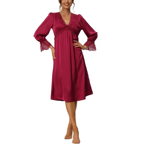 cheibear Women's Satin Long Sleeve Lace V-Neck Nightgown Pajama Dress Red X  Small