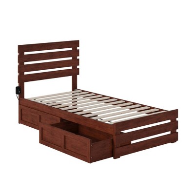 Walnut Twin Wood Platform Bed with Storage Drawers and USB Charger