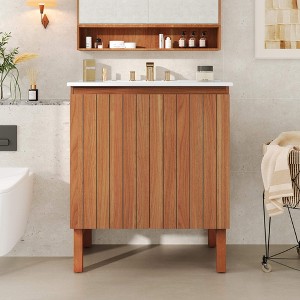 ORRD 30" Modern Bathroom Vanity, Ceramic Sink, Vertical Stripe Design, 45° Free-Handle Doors, Large Storage, Natural Finish - 1 of 4