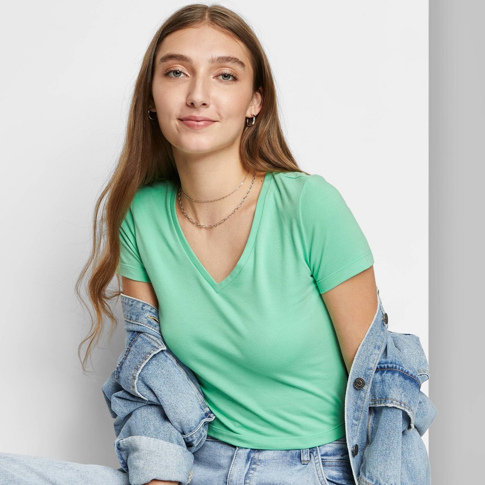 Women's Short Sleeve V-Neck Cropped T-Shirt - Wild Fable Mint Green S **24 Total***