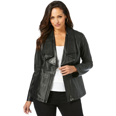 Jessica London Women’s Plus Size Drape-front Leather Jacket, 16 - Black ...