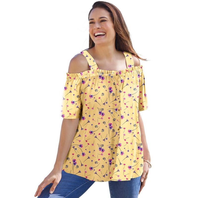 Woman Within Women's Plus Size Printed Cold-Shoulder Blouse, 1 of 2