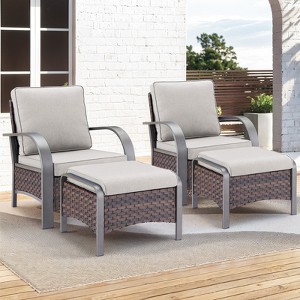 Buenhomino Patio Furniture Set 4PCS Conversation Set 2 Rattan Patio Chairs with 2 Ottomans Cured Armest Wicker Patio Chairs Set for Garden Backyard - 1 of 4