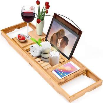 Homemaid Living Expandable Bamboo Bathtub Tray with Reading Rack or Tablet Holder, Natural Bamboo