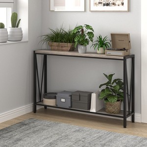 2-Tier Narrow Console Sofa Table with Storage Shelf, Metal Frame Wood Entryway Table with V Side Design, Side Table for Entryway, Living Room - 1 of 4