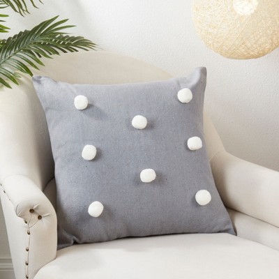 Gray Cotton Pom Pom Boho-Chic Throw Pillow