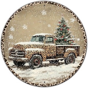 Lomsoe Round Leopard Truck Metal Tin Sign Rustic Wall Decor Christmas Wreath Sign Christmas Wreath Door Hanging Wall Decoration Home Round 8 * 8 in - 1 of 1