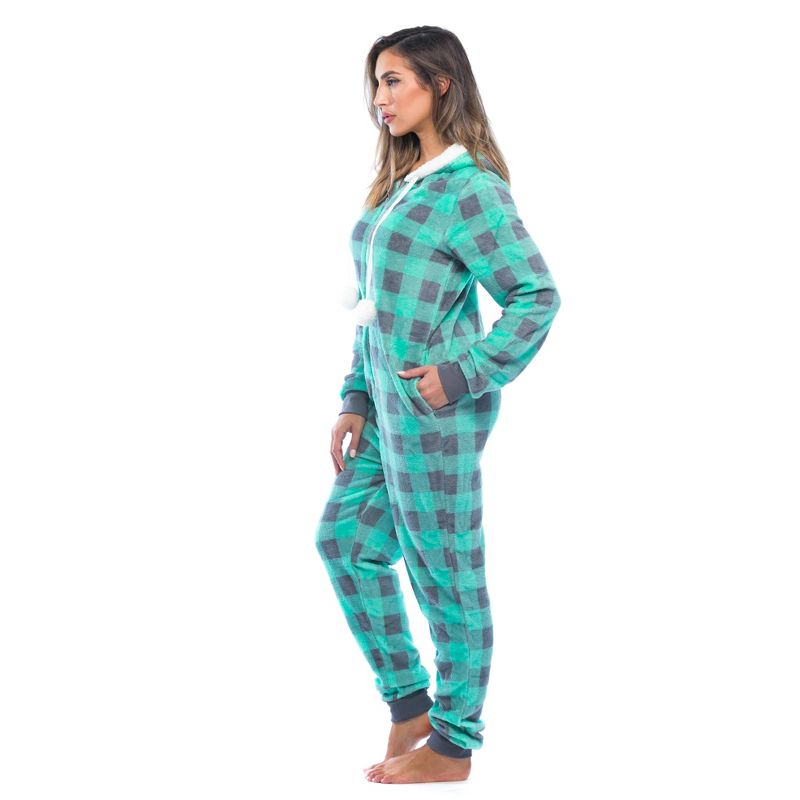 Just Love Womens One Piece Buffalo Plaid Adult Onesie Faux Sherling Lined Hoody Pajamas, 2 of 5