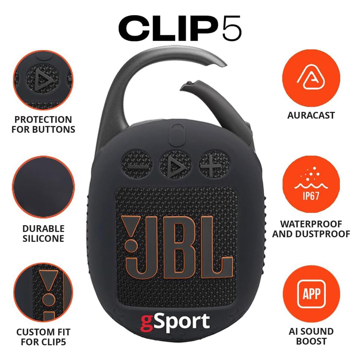 JBL Clip 5 Ultra Portable Bluetooth Speaker with gSport Silicone Sleeve - thumbnail 2