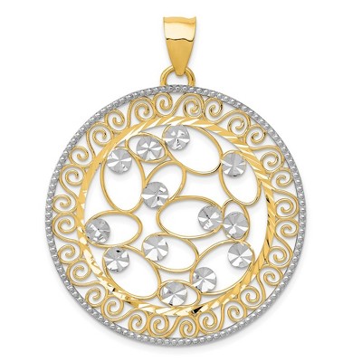Black Bow Jewelry 14k Yellow Gold & White Rhodium D/C Ornate Circle Pendant, 38mm
