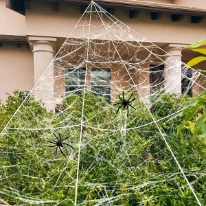 Wrapables 16ft Giant Triangular Spider Web Kit with Cobwebs and 2 Small Spiders, Indoor Outdoor Haunted House Halloween Decor - 1 of 4