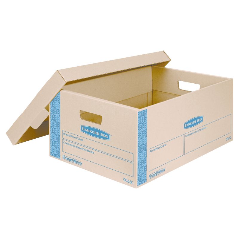 Bankers Box SmoothMove Prime Large Moving Boxes, Lift Lid, 24l x 15w x 10h, Kraft/Blue, 8/CT, 1 of 4
