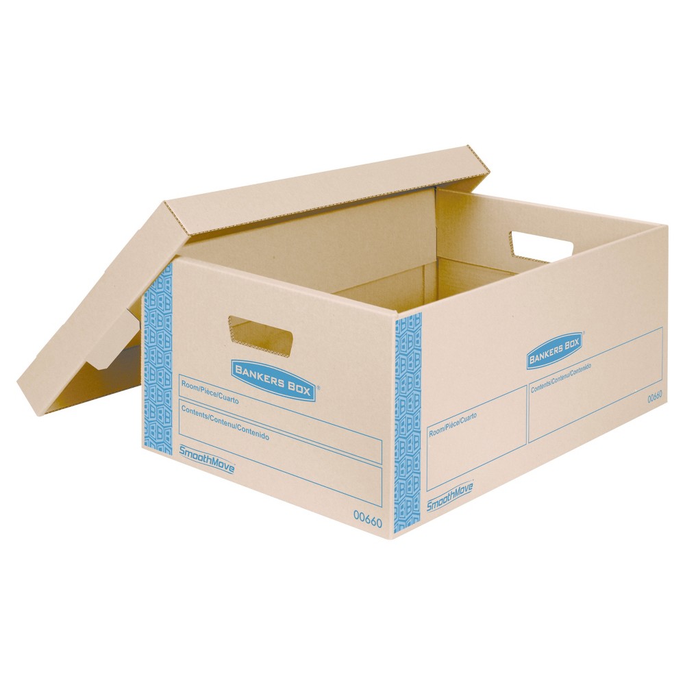 Bankers Box SmoothMove Prime Large Moving Boxes, Lift Lid, 24l x 15w x 10h, Kraft/Blue, 8/CT: Cardboard Packing Supplies