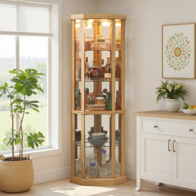 Wooakway 70"H Light Oak Corner Curio Cabinet with Lights and Glass Shelves for Display and Storage