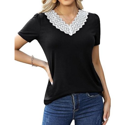 Women's  2025 Lace V Neck Short Sleeve Shirts Summer Casual Tunic Blouse for Women T-Shirts