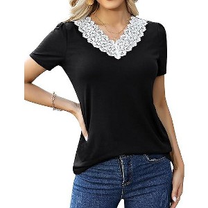 Women's  2025 Lace V Neck Short Sleeve Shirts Summer Casual Tunic Blouse for Women T-Shirts - 1 of 4