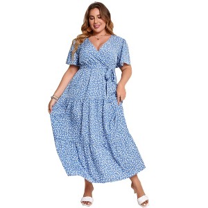 Coolmee Women Summer Maxi Dress Plus Size V Neck Wrap Floral Print Short Sleeves Ruffle Tiered Dress with Belt - 1 of 4