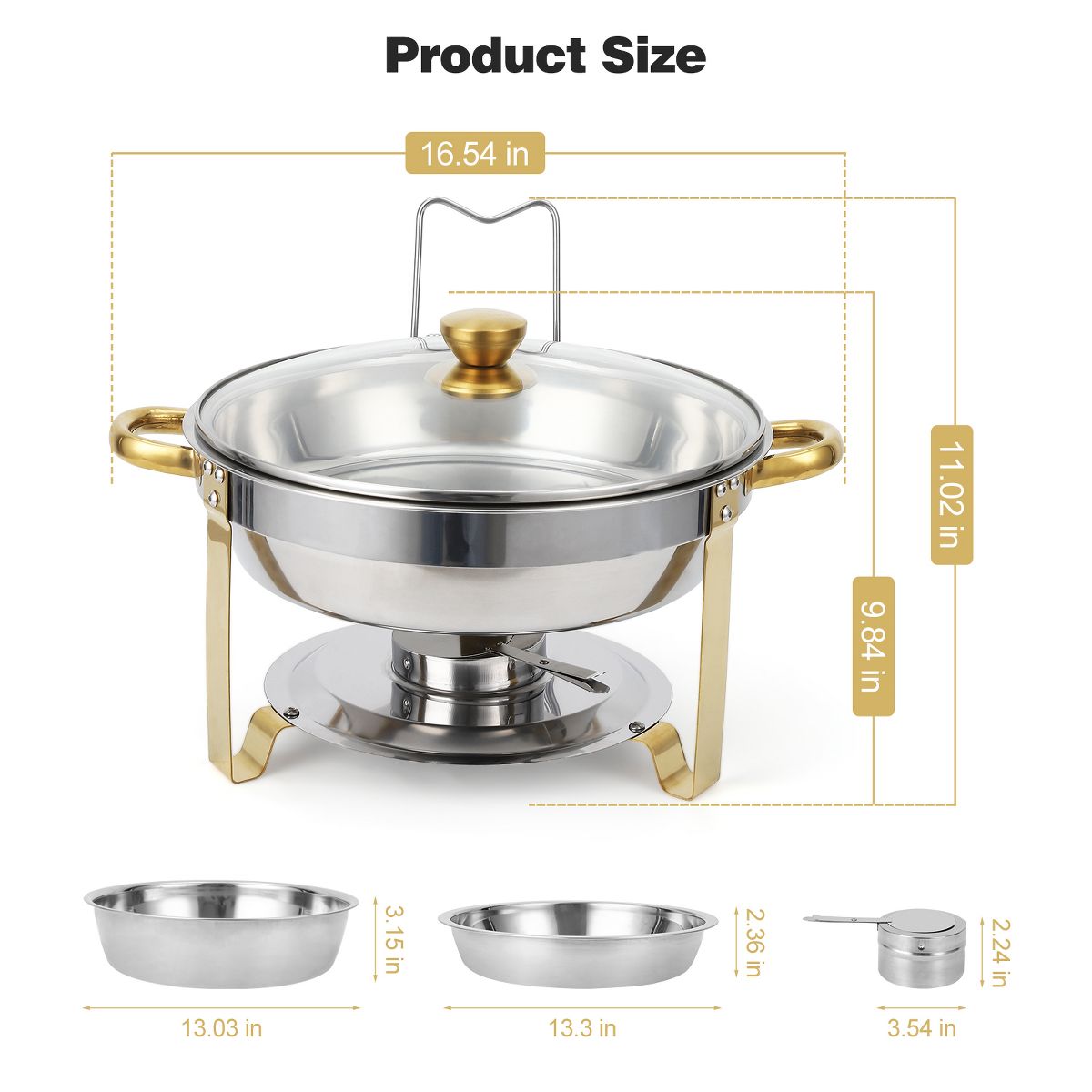 Chafing Dishes, 5QT Buffet Servers, Round Catering Food Warmers Stainless Steel Chafing Dish Buffet Set with Glass Lid & Lid Holder, 4 Packs - thumbnail 3