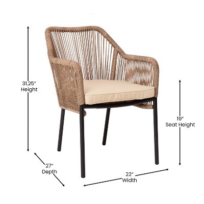 Natural Woven Patio Club Chairs with Beige Cushions, Set of 2