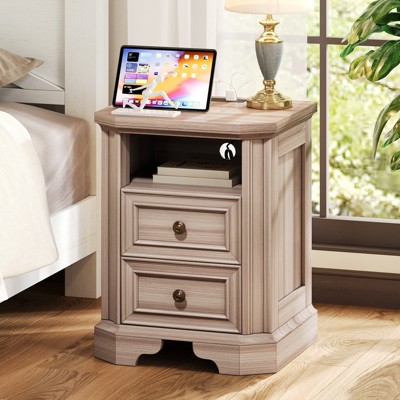 Farmhouse Nightstand with Charging Station, Wood Rustic End Table of Corner Bevel Shape with Drawers