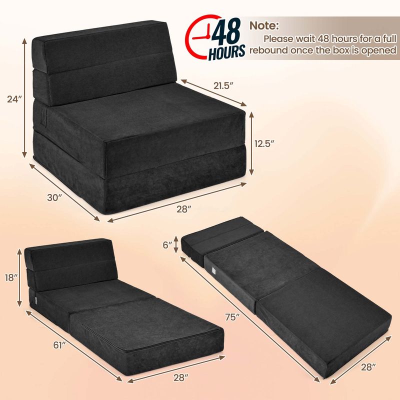 Costway Tri-Fold Fold Down Chair Flip Out Lounger Convertible Sleeper Bed Couch Dorm New Black/Grey/Coffee, 3 of 10