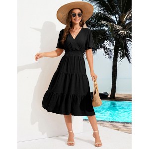 Coolmee Women Smocked High Waist Cross V Neck Ruffled Short Sleeve Layered Midi Dress - 1 of 4