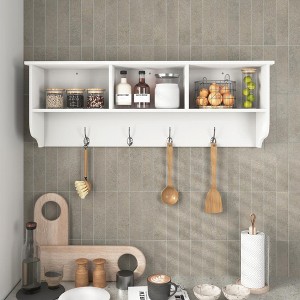 Vynxaria White Entryway Wall Mounted Coat Rack with 4 Dual Hooks Living Room Wooden Storage Shelf - 1 of 4