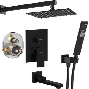 DOMETOUR Male NPT Folding Bathtub Shower Faucet, Matte Black 3 Function Tub Shower System with Rain Shower Head, Handheld, and Rough-in Valve - 1 of 4