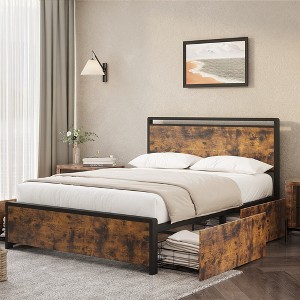 Whizmax Bed Frame with Storage, Vintage Wood Metal  Size Bed Frame with 4 Drawers and Headboard, No Box Spring Needed, Easy Assembly,Brown - 1 of 4