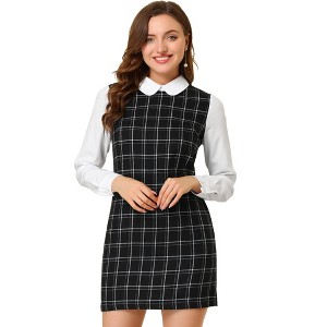 Allegra K Women's Contrast Peter Pan Collar Long Sleeve Above Knee Shift Plaid Dress - 1 of 4