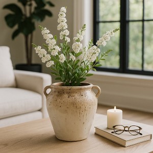 Textured Rustic Terracotta Vase with Handles Design - Perfect Flower Vase for Living Room, Bedroom, Office, and Room Decor - 1 of 4