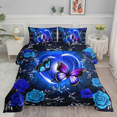 Blue and purple butterfly bedding set, blue flowers, suitable for all seasons, three-piece set, QUEEN