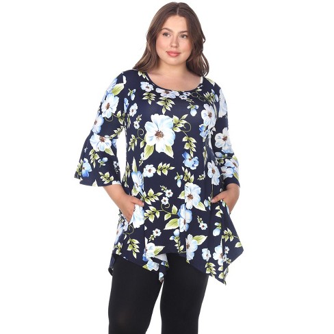 White Mark Womens Plus Floral Casual Fit Three Quarter Sleeve Scoop ...