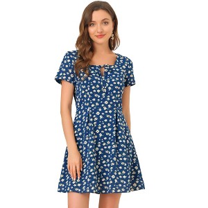 Allegra K Women's Printed Summer Casual Square Neck Short Sleeve Fit and Flare Dress - 1 of 4