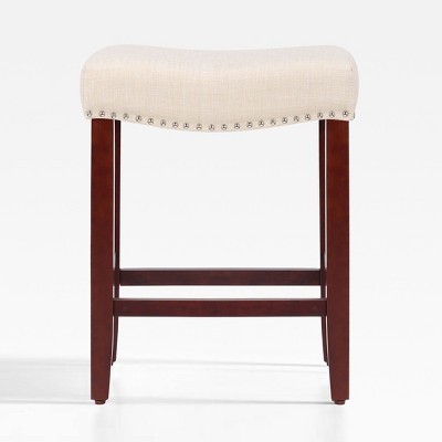 24" Cherry and Beige Upholstered Saddle Seat Counter Stool