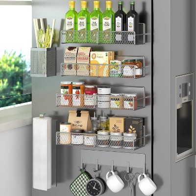 Attop Refrigerator Magnetic Spice Rack (Gray) – 7-Pack 100% Metal Shelves with Hooks, Paper Towel Holder & Cutlery Organizer