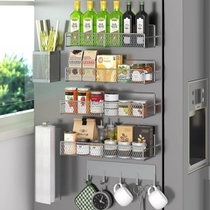 Attop Refrigerator Magnetic Spice Rack (Gray) – 7-Pack 100% Metal Shelves with Hooks, Paper Towel Holder & Cutlery Organizer - 1 of 4