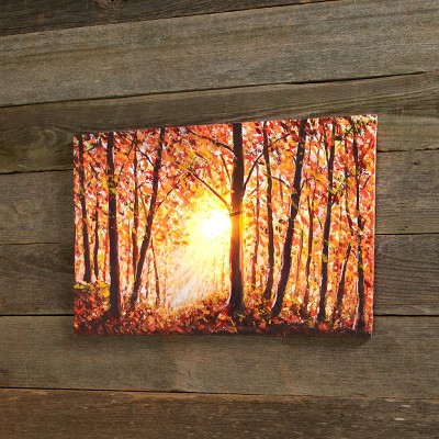 Lakeside Harvest Sunset Forest and Falling Fall Leaves Lighted Canvas Wall Art