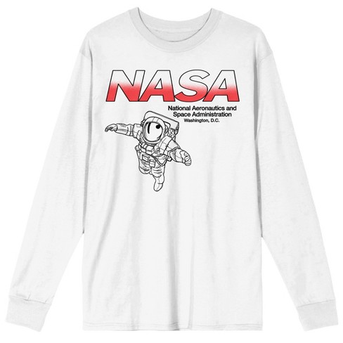 NASA Red and White Logo With Astronaut Men's White Crew Neck Long Sleeve  Graphic Tee-Small